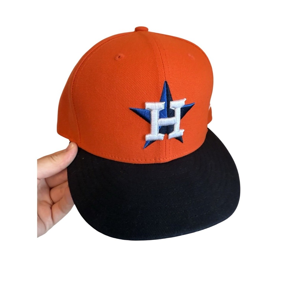 New Era 59Fifty Houston Astros Fitted Road Hat Navy Blue/Orange, Size 7 1/8